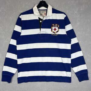 Polo Ralph Lauren Rugby Shirt Men's Medium White/ Blue Striped Long Sleeve RARE